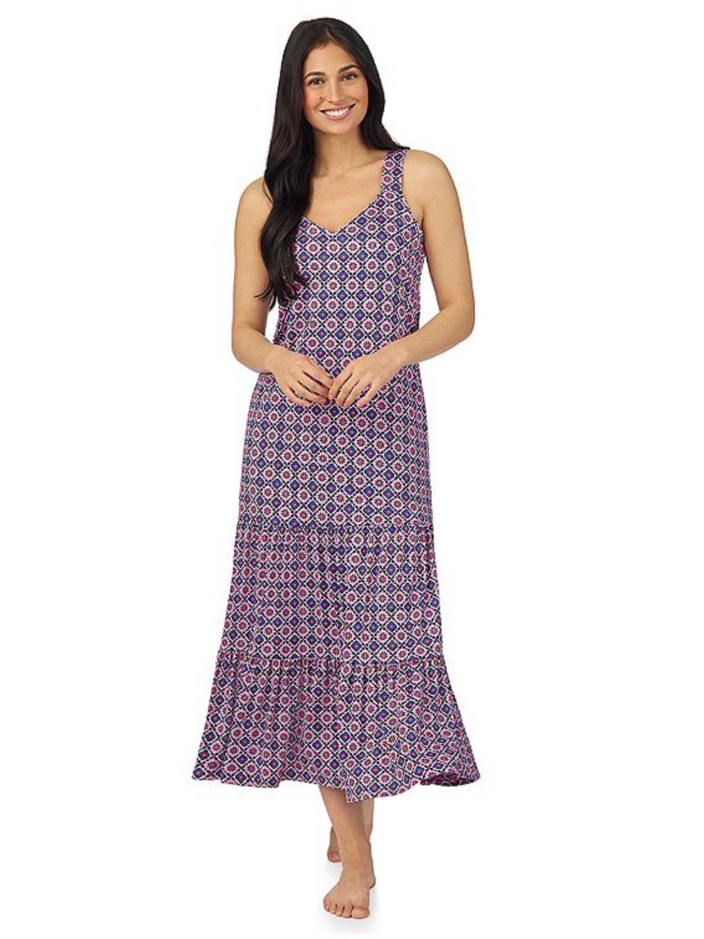 NWT Cuddl Duds mauve tile geo print tiered maxi nightgown size large